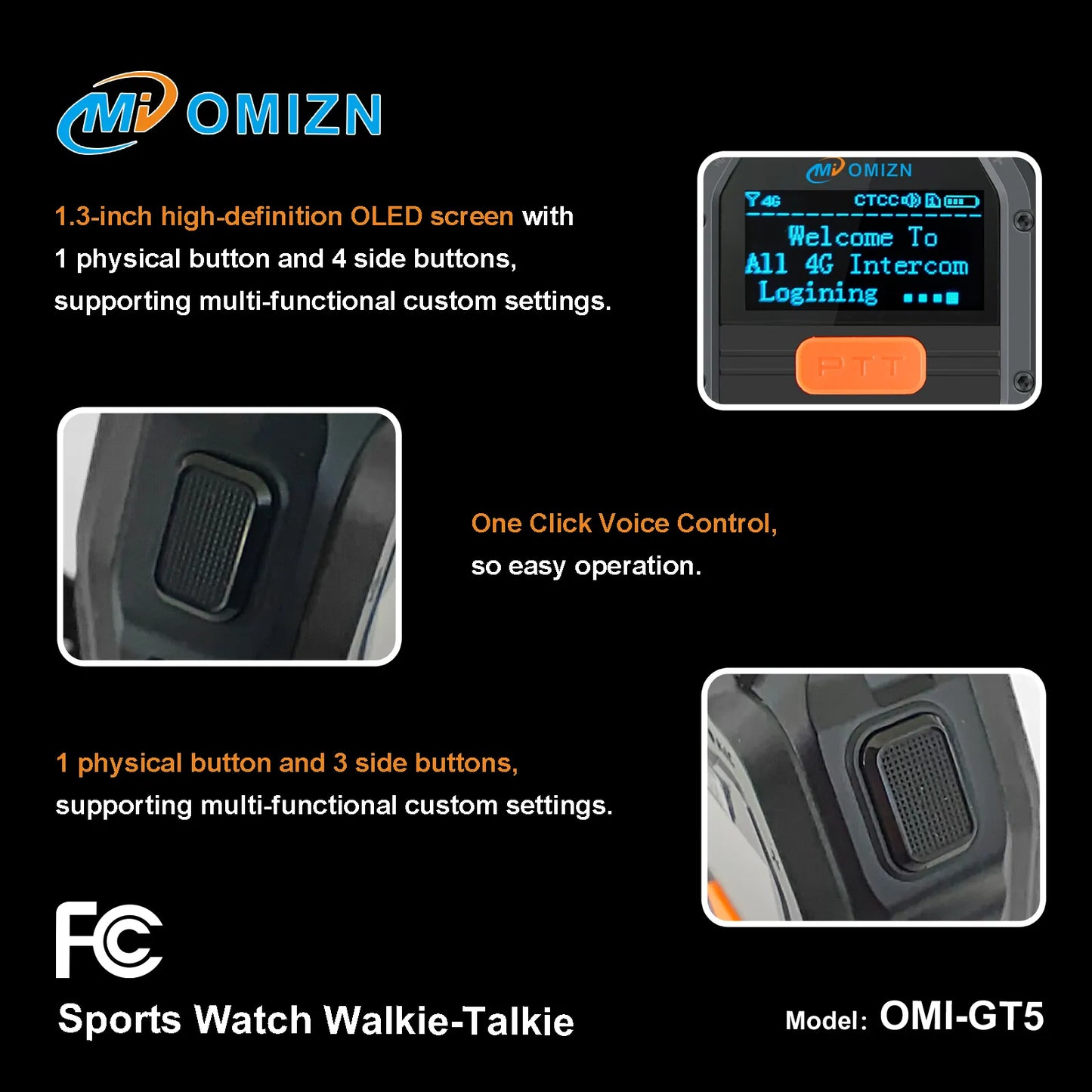 OMIZN GT5 Watch Walkie Talkie 4G Unlimited Range PoC Radios VOX Hands-Free IP65 AES256 Noise Reduction